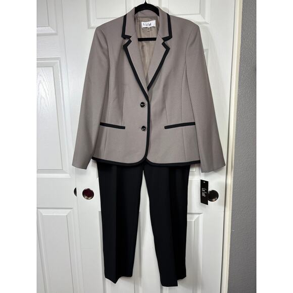 Le Suit Women's Contrast Trim Jacquard Jacket Pantsuit 14 Toffee/Black Career